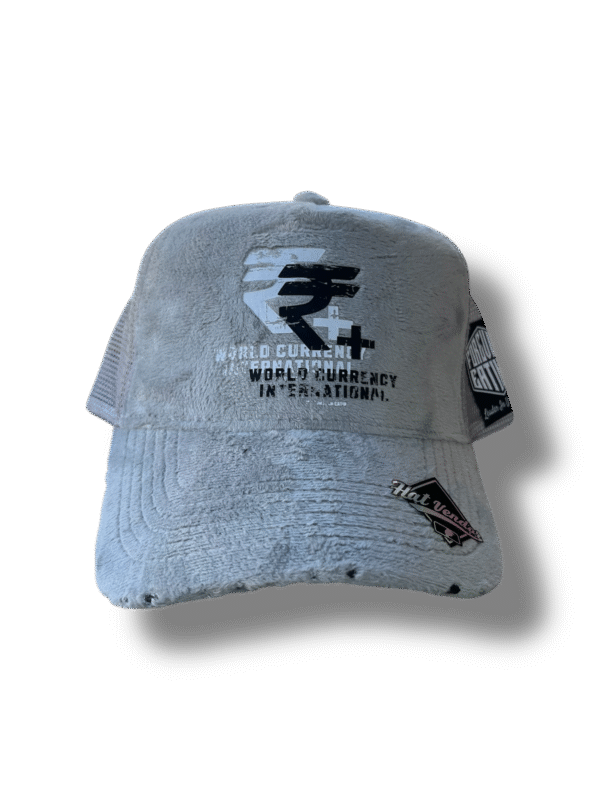 " World Currency" Velvet Distressed Trucker Hat